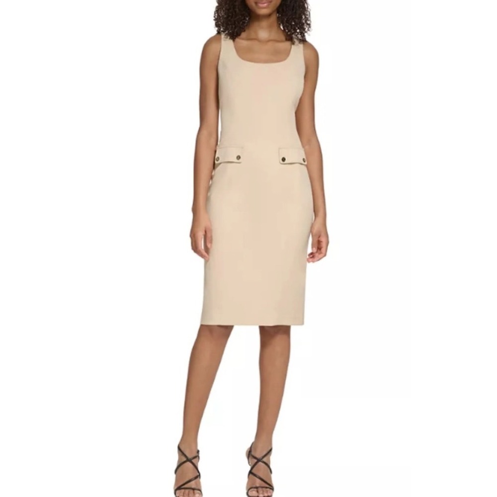 Karl Lagerfeld Sheath Dress 12 Tan Scoop Neck Faux Pocket Detail Sleeveless New
